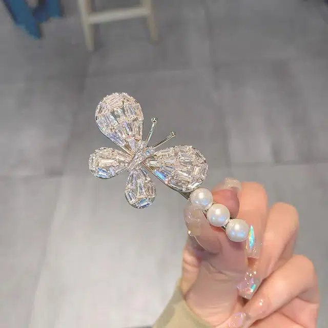 素 仿珍珠蝴蝶鸭嘴夏季高级感刘海侧边夹 锆石 发夹 女款