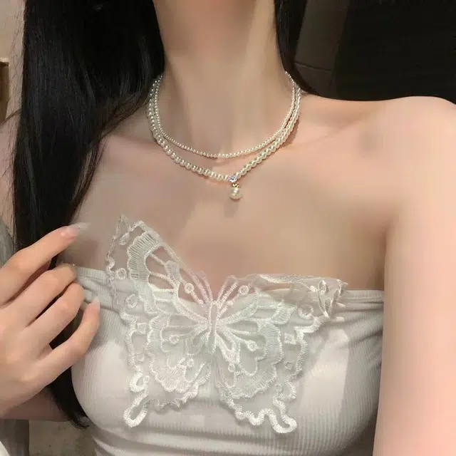 素 法式气质设计感双层叠戴串珠颈链 仿珍珠 项链 女款