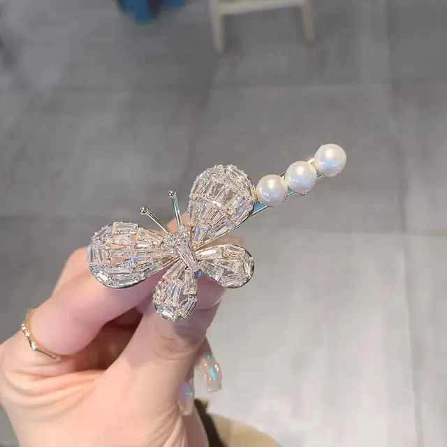 素 仿珍珠蝴蝶鸭嘴夏季高级感刘海侧边夹 锆石 发夹 女款
