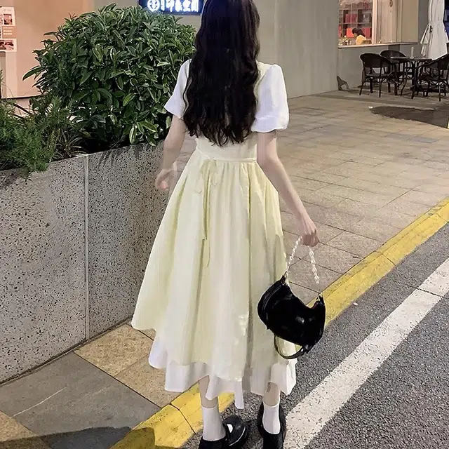 珠蒂美 甜美复古假两件新中式长款服饰短袖连衣裙 女款 黄色