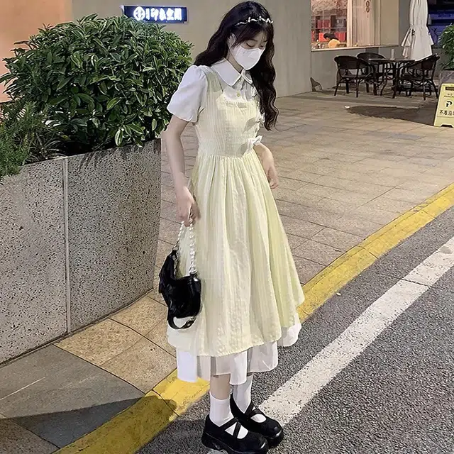 珠蒂美 甜美复古假两件新中式长款服饰短袖连衣裙 女款 黄色