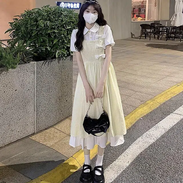 珠蒂美 甜美复古假两件新中式长款服饰短袖连衣裙 女款 黄色