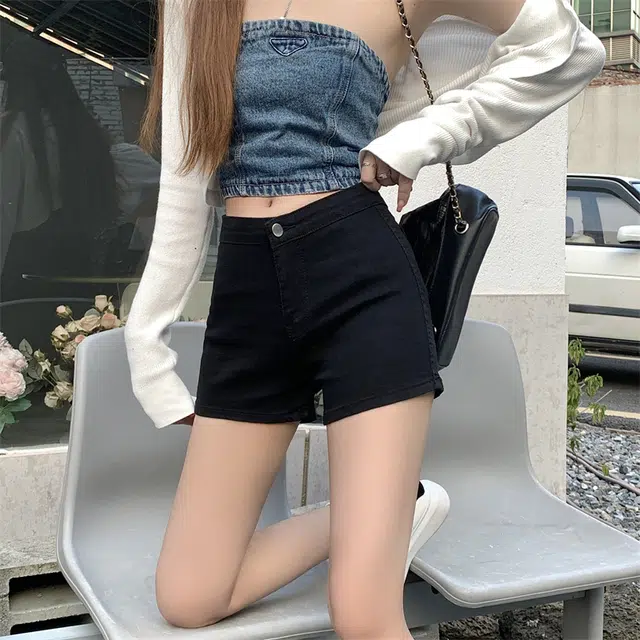花蔓色 黑色紧身高腰显瘦包臀弹力超短牛仔热裤 女款
