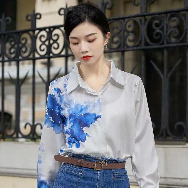 水中花 国风初水墨画印花文艺翻领长袖衬衫 女款 白色