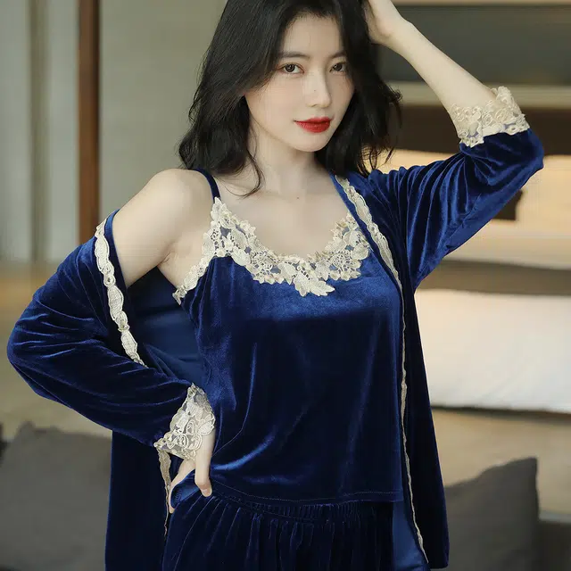 水中花 中长款保暖长袖 金丝绒睡衣套装  女  藏青色