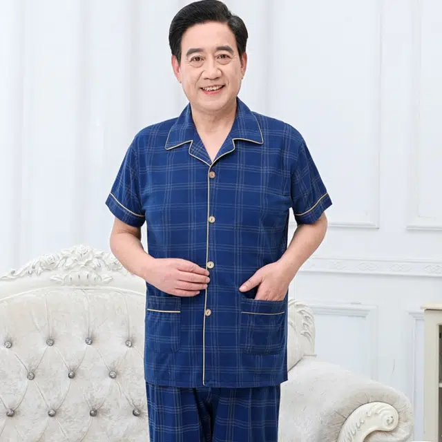 水中花 短袖舒适简约印花中老年加肥大码长裤睡衣套装 男款 藏青