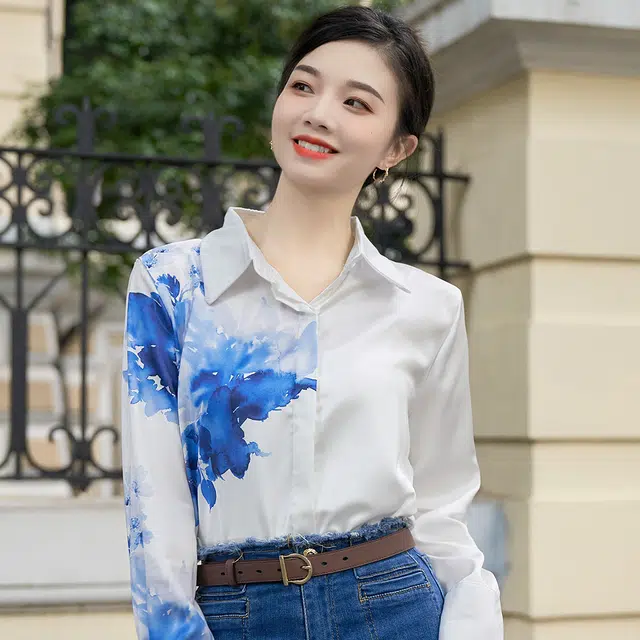 水中花 国风初水墨画印花文艺翻领长袖衬衫 女款 白色