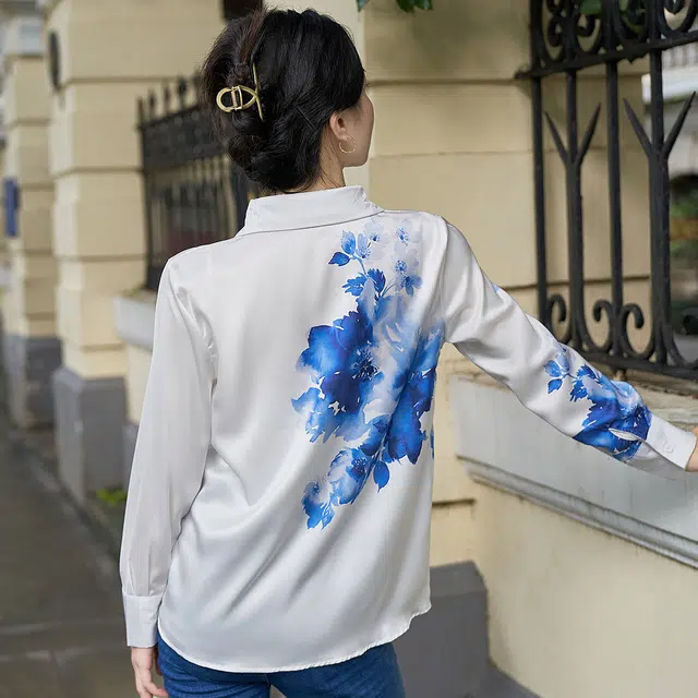 水中花 国风初水墨画印花文艺翻领长袖衬衫 女款 白色