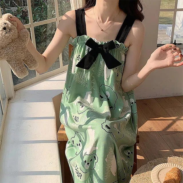水中花 可外穿法式薄款宽松吊带睡裙 女款 绿色