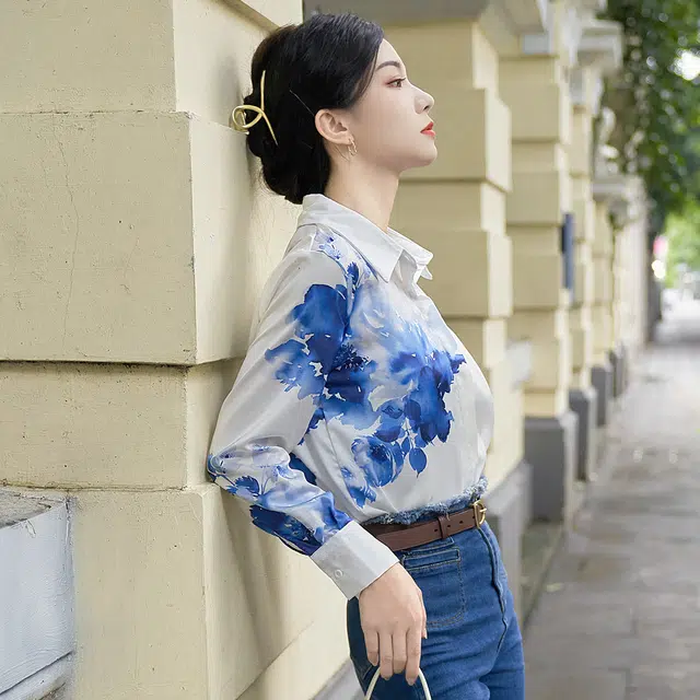 水中花 国风初水墨画印花文艺翻领长袖衬衫 女款 白色