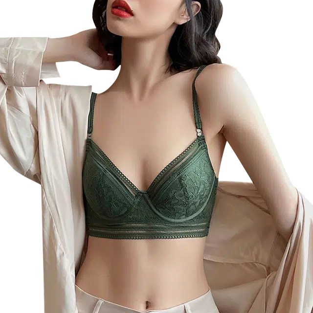 水中花 薄款软钢圈上托聚拢收副乳透气文胸 女款 绿色
