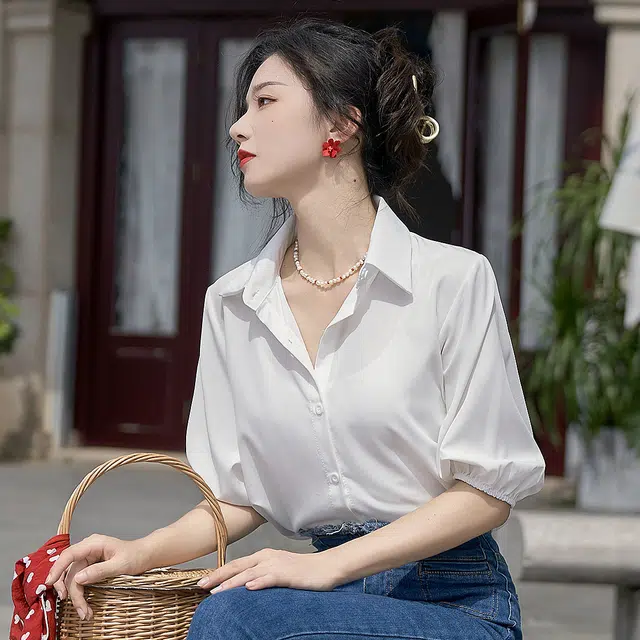 水中花 简约休闲宽松纯色翻领短袖衬衫开衫 女款 白色
