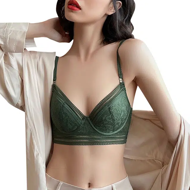 水中花 薄款软钢圈上托聚拢收副乳透气文胸 女款 绿色