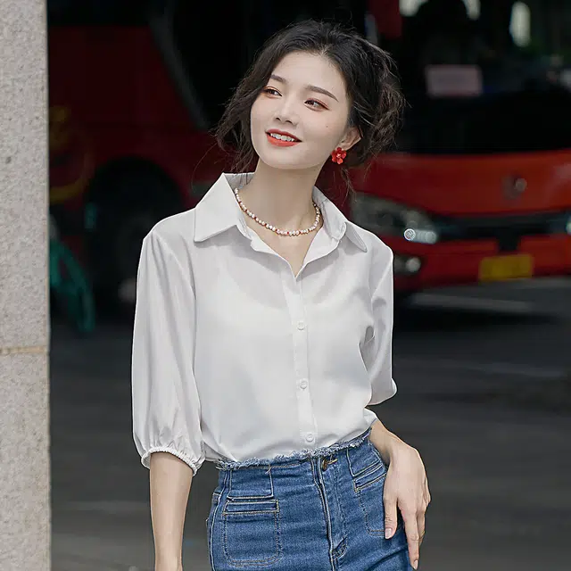 水中花 简约休闲宽松纯色翻领短袖衬衫开衫 女款 白色