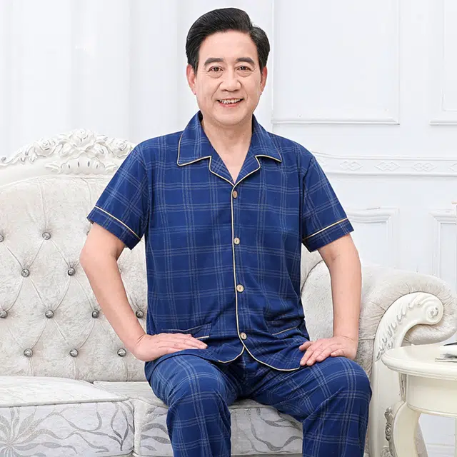 水中花 短袖舒适简约印花中老年加肥大码长裤睡衣套装 男款 藏青