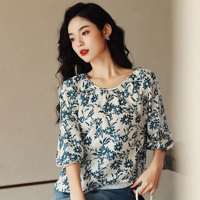 水中花 复古圆领套头宽松短袖衬衫 女款 绿色印花
