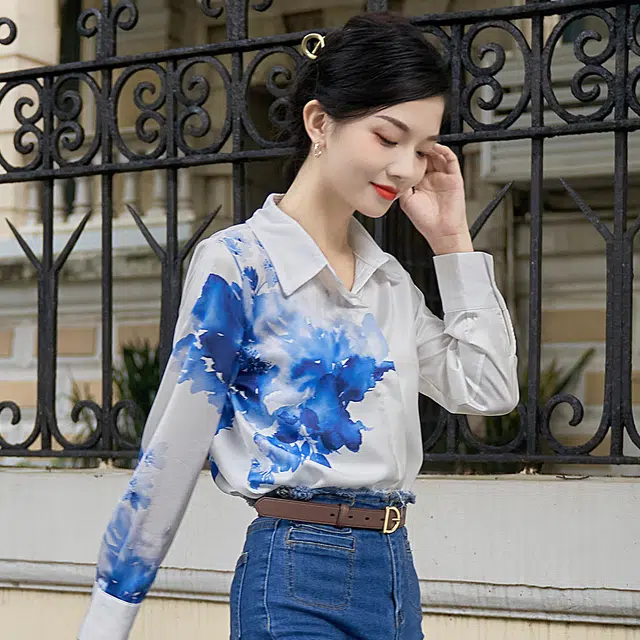 水中花 国风初水墨画印花文艺翻领长袖衬衫 女款 白色