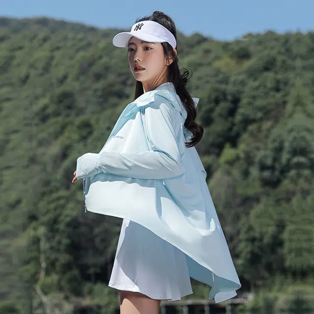 水中花 户外骑行薄款拉链遮阳连帽长袖防晒服 女款 蓝色