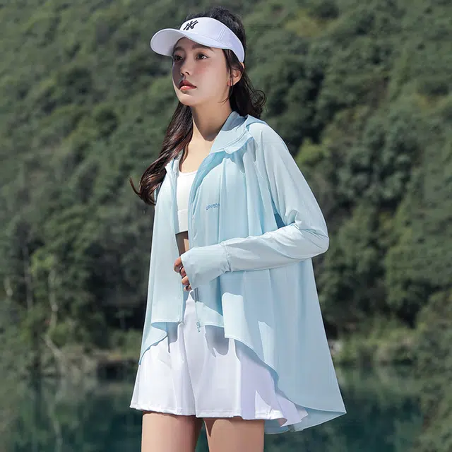水中花 户外骑行薄款拉链遮阳连帽长袖防晒服 女款 蓝色