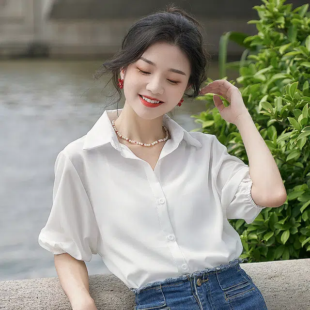 水中花 简约休闲宽松纯色翻领短袖衬衫开衫 女款 白色
