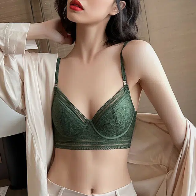 水中花 薄款软钢圈上托聚拢收副乳透气文胸 女款 绿色