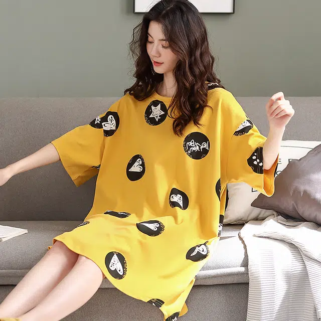 水中花 舒适圆领休闲可外穿短袖家居服睡裙 女款 黄色