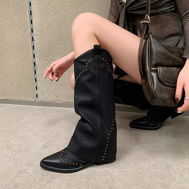 西部风情时尚气质尖头铆钉裤管 高筒靴 女款