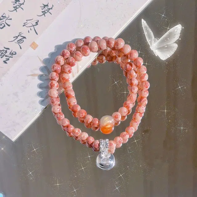 金瑞邦 新中式国潮 简单百搭 显白 小众设计 复古 高级感 玫瑰色 福包 转运来财 招财进宝 好运 琉璃 手串 女款