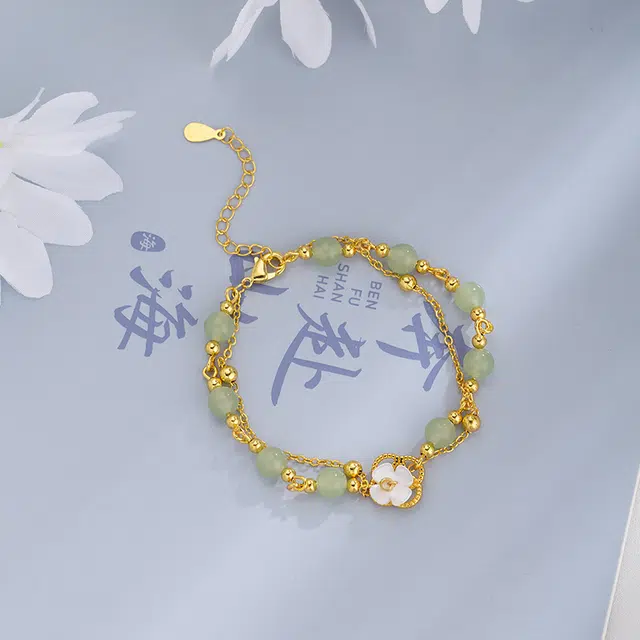 金瑞邦 双层叠戴四叶草 国潮新中式 平安吉祥转运 国风复古精致 轻奢温婉大气 小众设计 琉璃 手链 女款