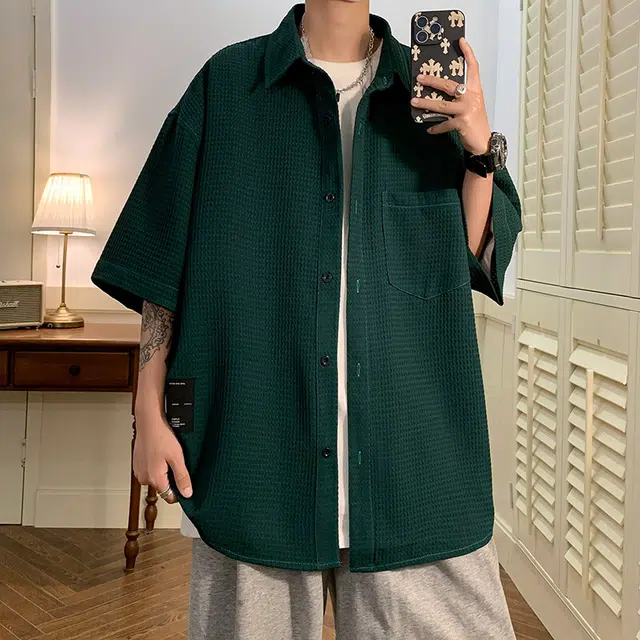 费尔岛上的猫 美式复古华夫格纹理简约纯色潮流百搭休闲上衣短袖衬衫 男女同款