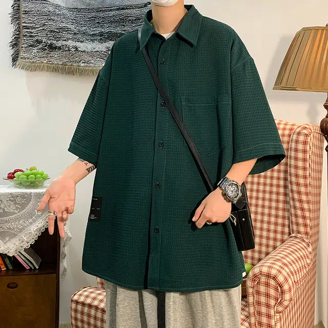 费尔岛上的猫 美式复古华夫格纹理简约纯色潮流百搭休闲上衣短袖衬衫 男女同款