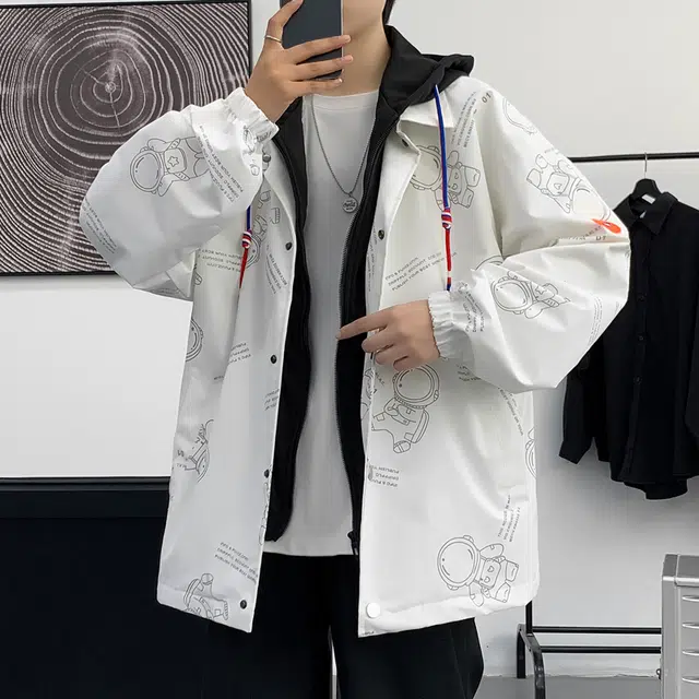桴生 潮牌假两件连帽休闲棒球服夹克 男女同款