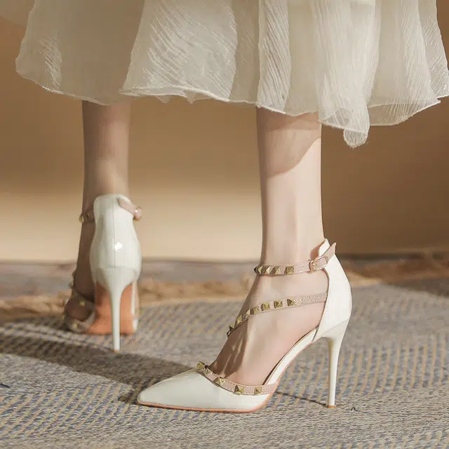 敦奴 牛皮 铆钉百搭性感时尚 细跟 高跟鞋 女