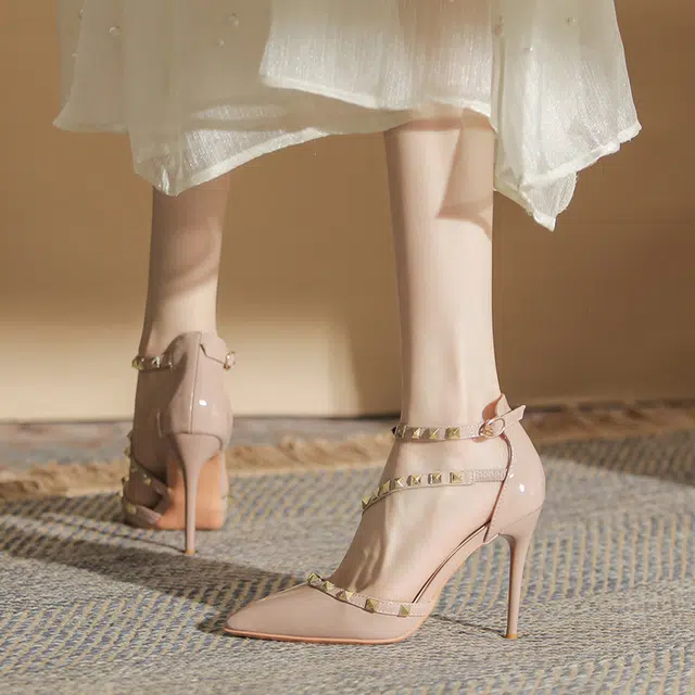 敦奴 牛皮 铆钉百搭性感时尚 细跟 高跟鞋 女