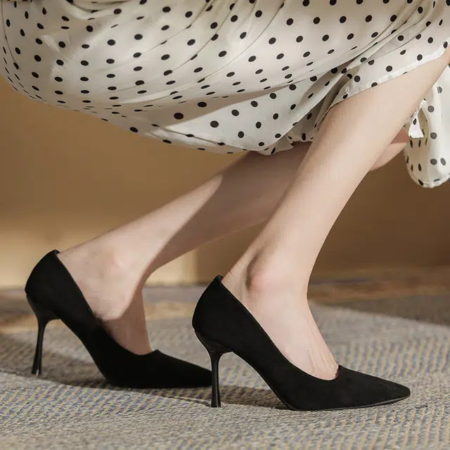 敦奴 牛皮 气质通勤尖头浅口仙女 细跟 高跟鞋 女款 黑色