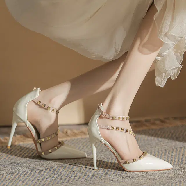 敦奴 牛皮 铆钉百搭性感时尚 细跟 高跟鞋 女