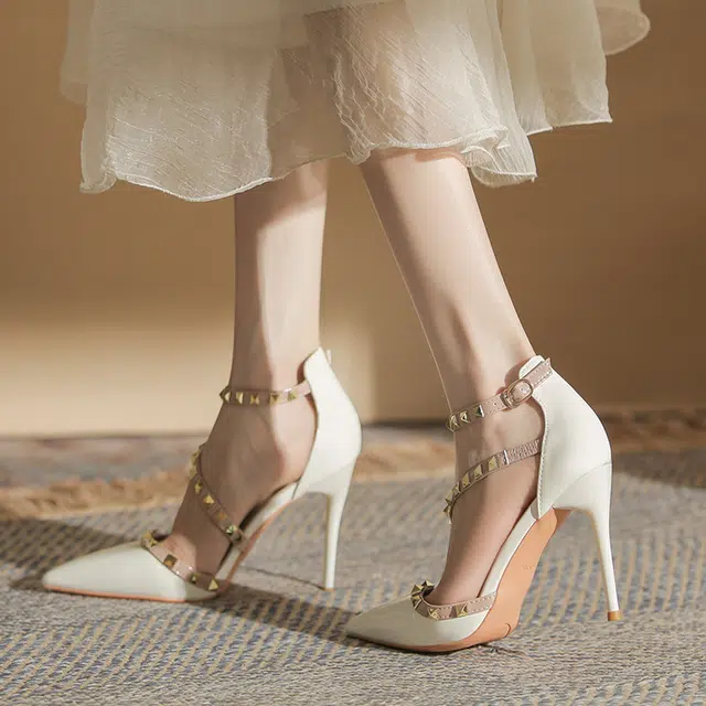 敦奴 牛皮 铆钉百搭性感时尚 细跟 高跟鞋 女