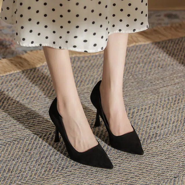 敦奴 牛皮 气质通勤尖头浅口仙女 细跟 高跟鞋 女款 黑色