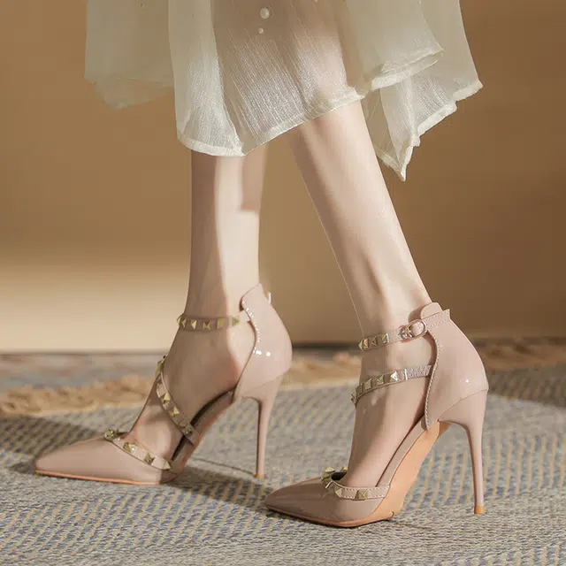 敦奴 牛皮 铆钉百搭性感时尚 细跟 高跟鞋 女