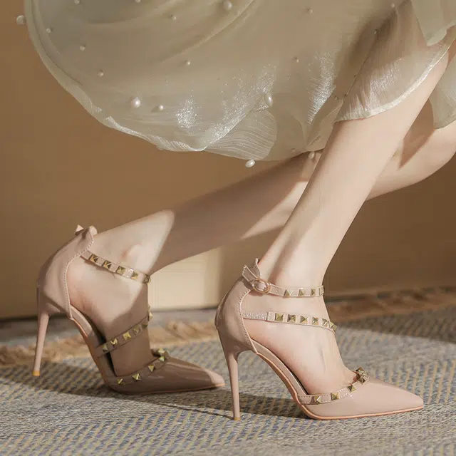 敦奴 牛皮 铆钉百搭性感时尚 细跟 高跟鞋 女