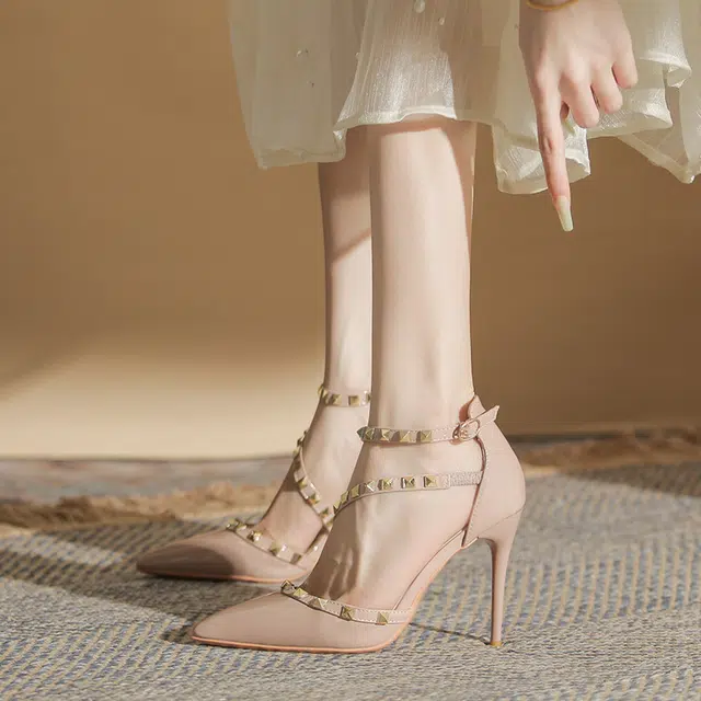 敦奴 牛皮 铆钉百搭性感时尚 细跟 高跟鞋 女