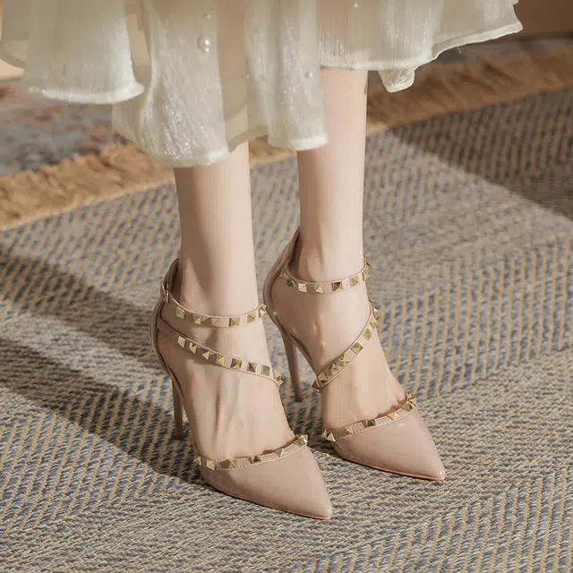 敦奴 牛皮 铆钉百搭性感时尚 细跟 高跟鞋 女