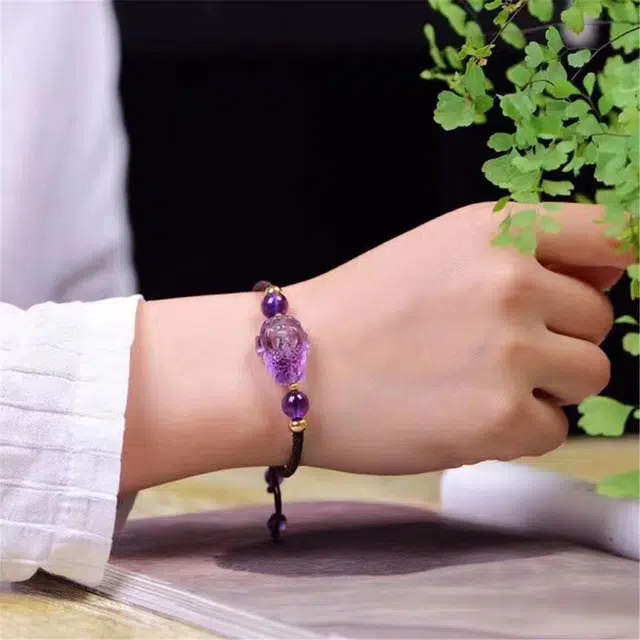 盈满堂 三脚金蟾紫手工编织可调节 水晶 手链 女款