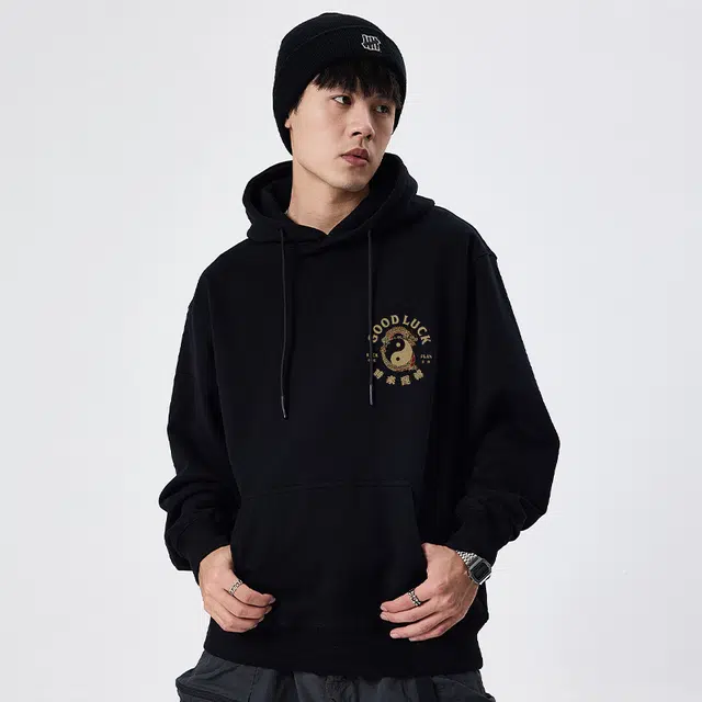 摇滚计划 印花复古字母八卦图重磅连帽落肩宽松卫衣 男女同款
