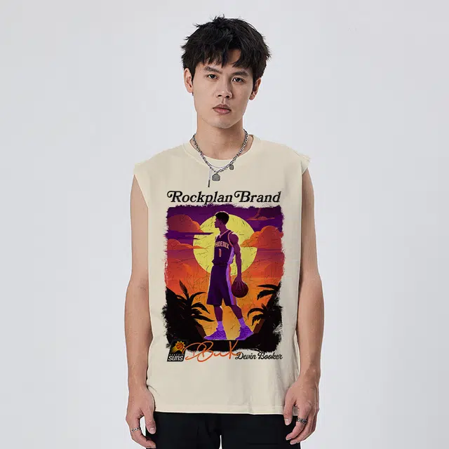 摇滚计划 美式无袖背心潮纯棉太阳队布克复古重磅做旧运动篮球衣 男女同款