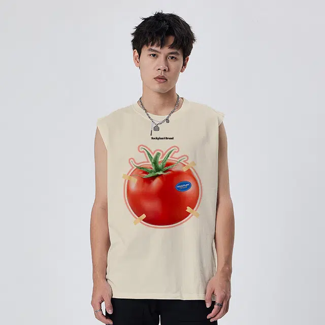 摇滚计划 一颗西红柿印花无袖背心高街创意圆领休闲宽松百搭重磅 男女同款