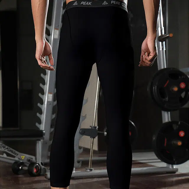 匹克 高弹修身加绒训练健身打底七分运动长裤 男款 黑色