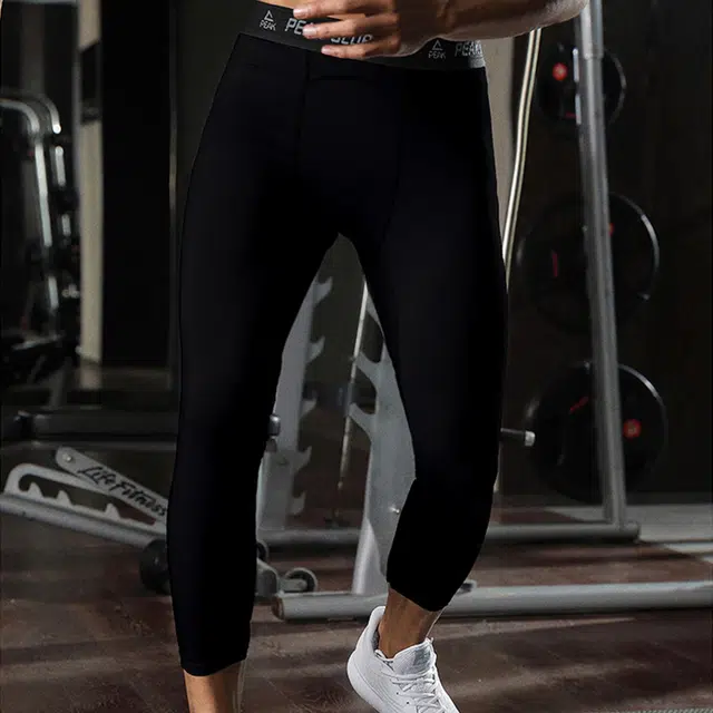 匹克 高弹修身加绒训练健身打底七分运动长裤 男款 黑色