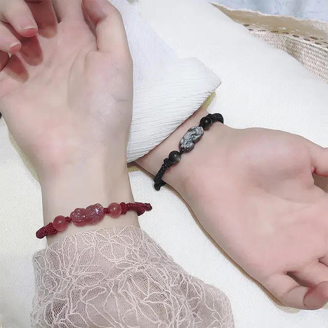 水贝之星 祥瑞貔貅 国潮复古新中式精致吞金兽可调节手工编织绳森系轻奢霸气小众招财转运手饰 黑曜石 手链 男女同款情侣款