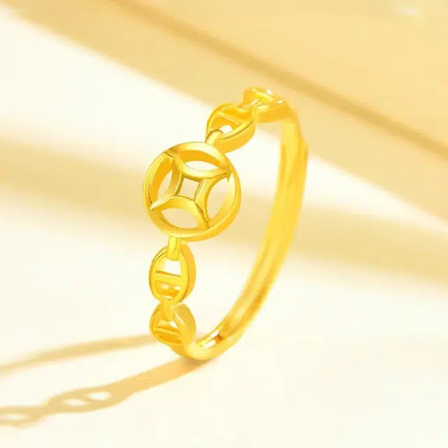 水贝之星 招财进宝 国潮新中式精致吉祥纳福创意设计镂空铜钱财源滚滚开口可调节指环 好运 足金 按克计价 黄金戒指 男女同款情侣款